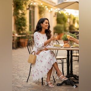 Ganni White and Pink Floral‎ Tiered Long Sleeve Dress size 40 M